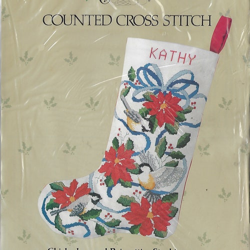 1980s Chickadees and outlet Poinsettias Stocking Candamar Counted Cross Stitch Kit 50303 Gorgeous Christmas Stocking New in Package