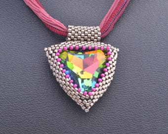 Sparkling Hand Beaded Necklace Premium Crystal Vitrial Triangle with Hand Dyed Silk Ribbon OOAK Gifts for Her