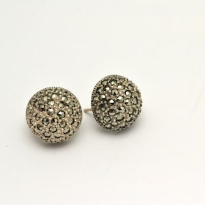 Vintage Judith Jack 925 Sterling Silver and Marcasite Button Pierced Earrings Omega Backs
