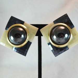 80s Plastic Clip on Earrings Checkerboard Squares of Cream and Black image 6