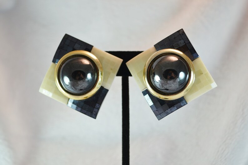 80s Plastic Clip on Earrings Checkerboard Squares of Cream and Black image 6