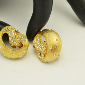 Rhinestone & Gold Tone Metal Swirl Clip On Earrings Great Vintage Gift for Her