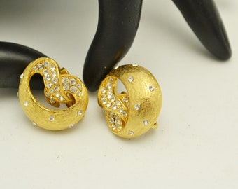 Rhinestone & Gold Tone Metal Swirl Clip On Earrings Great Vintage Gift for Her