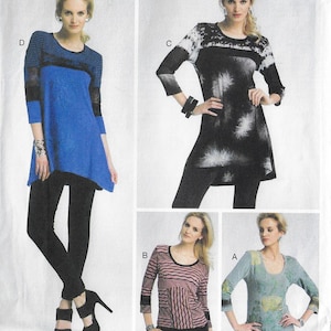 May include: A fashion image featuring four different women's tops. The tops include a blue tunic with black accents, a black and white patterned dress, a pink and black striped top, and a light blue top with a print.