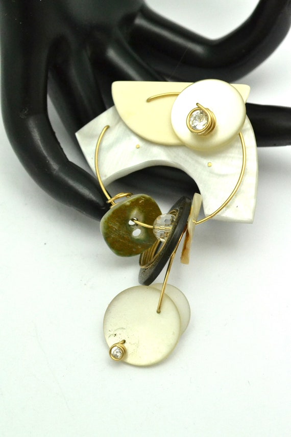 Unique Plastic Brooch with Button Dangles & Rhine… - image 2