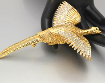 Vintage Large Pheasant Brooch  Gold Tone Metal with Rhinestones on Wings