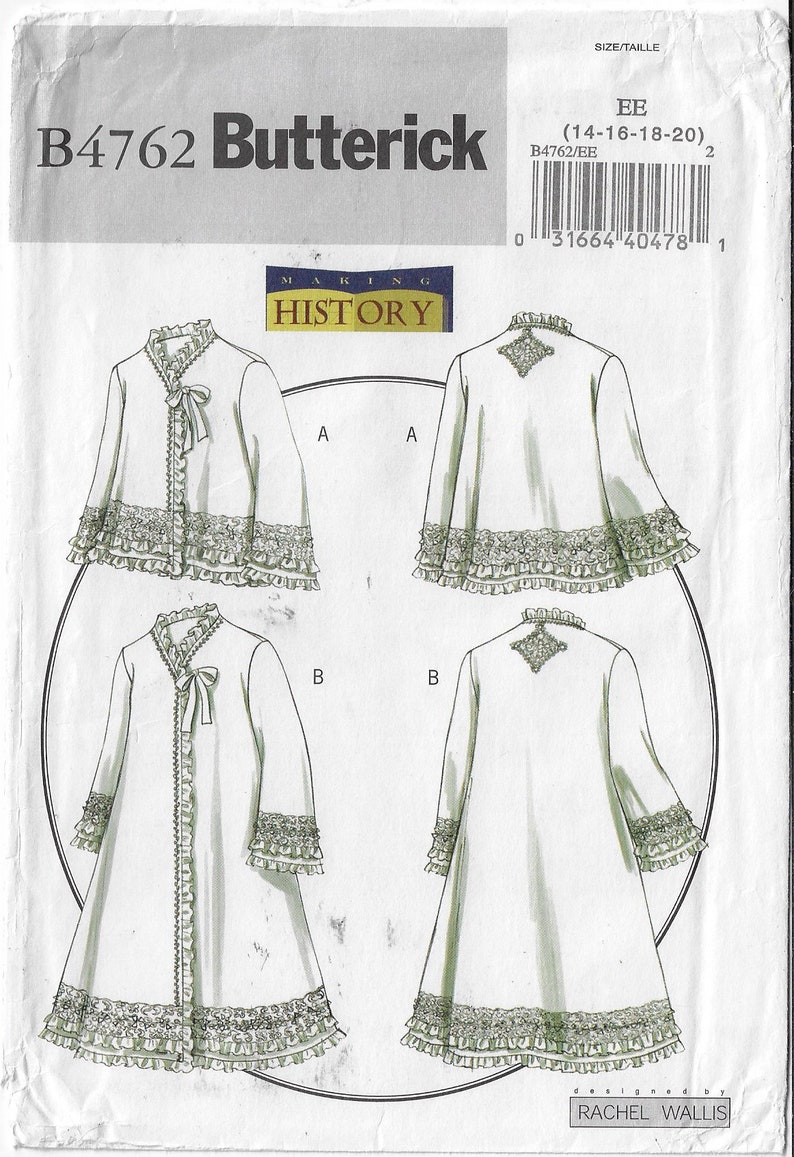 May include: A sewing pattern for a white, long-sleeved robe with lace trim. The pattern is for sizes 14-16-18-20 and is from Butterick, Making History. The pattern includes two different styles, one with a tie at the neck and one with a decorative detail on the back.