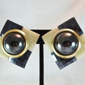 80s Plastic Clip on Earrings Checkerboard Squares of Cream and Black image 1