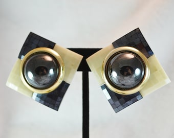 80s Plastic Clip on Earrings Checkerboard Squares of Cream and Black