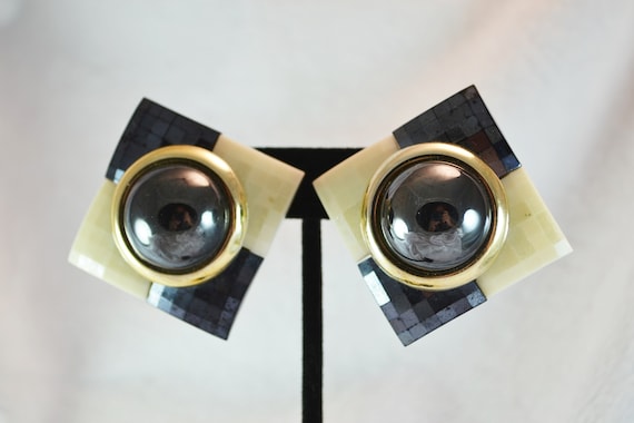 80s Plastic Clip on Earrings Checkerboard Squares of Cream and Black