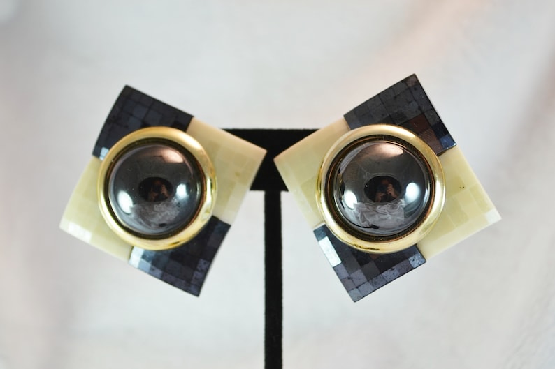 80s Plastic Clip on Earrings Checkerboard Squares of Cream and Black image 1