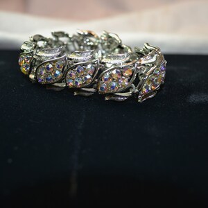 Vintage Coro Link Bracelet with Aurora Borealis Rhinestones Silver Tone Metal