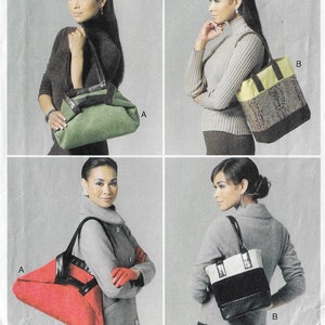 May include: Four images showcasing different tote bag designs. The bags vary in color, including green, red, and black, with contrasting trim and handles. The bags are carried by a person in various outfits, highlighting the bags' versatility.