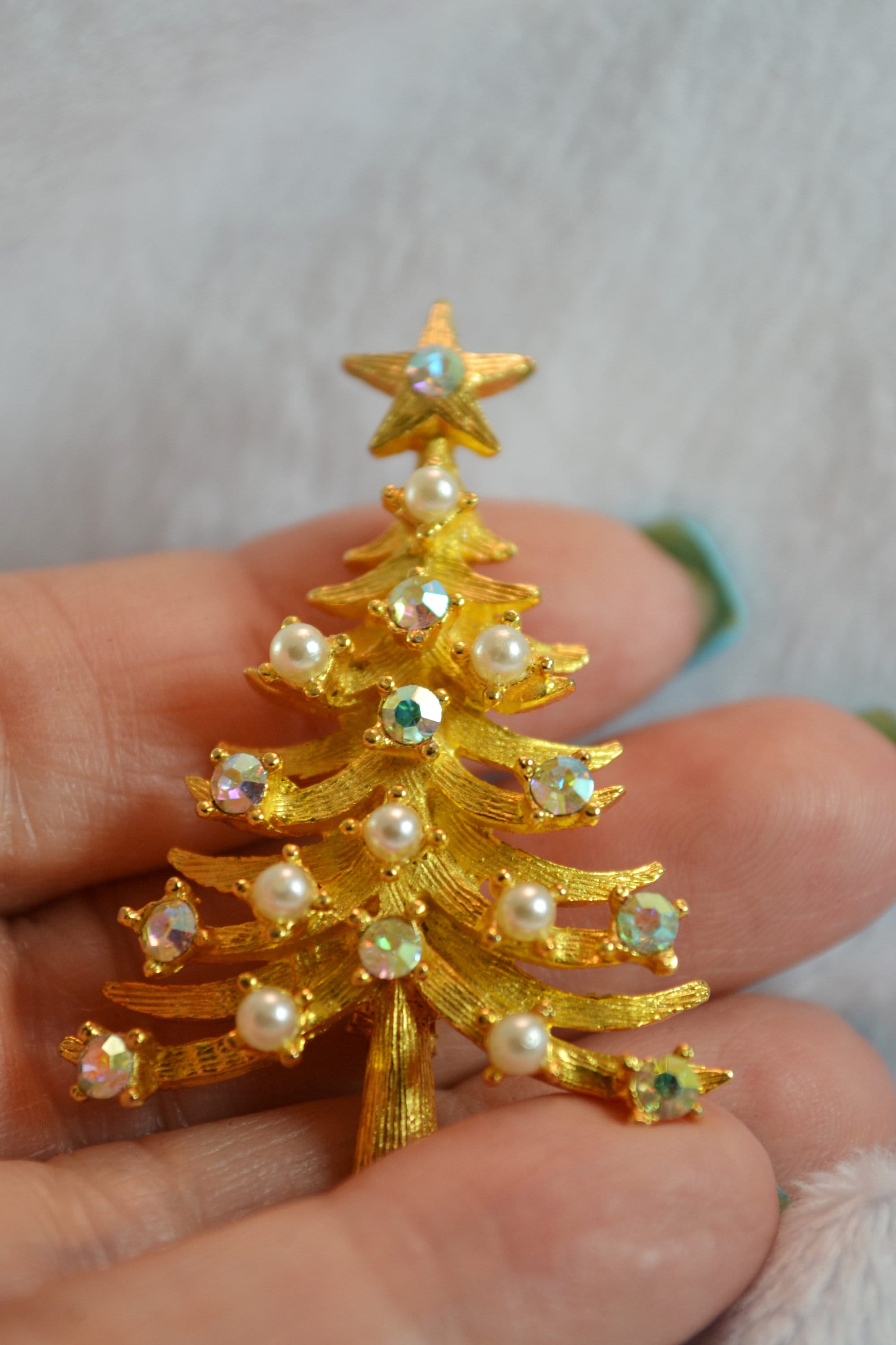 Vintage MYLU Christmas Tree Brooch Faux Pearl and Aurora Borealis