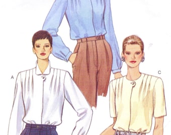 90s Vogue Sewing Pattern 9202 Womens Front Tuck Blouses Collar Variations Size 8 10 12 Bust 31 1/2 to 34 FF