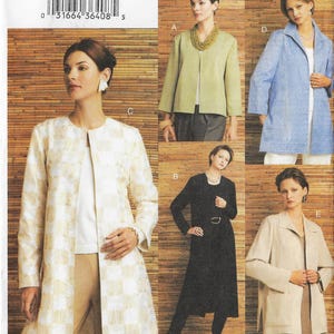 May include: A sewing pattern for five different jackets. The jackets are shown in various colors and fabrics, including a light blue jacket, a black jacket, a beige jacket, a green jacket, and a white jacket with a gold pattern.