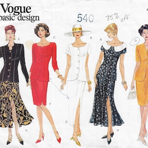 Op de afbeelding: Een Vogue basic design naaipatroon-envelop met nummer 540, voorzien van illustraties van vijf verschillende rok- en jas-outfits. De ontwerpen omvatten een zwart jasje met een rok met patroon, een rood pak, een wit pak met hoed, een jurk met bloemenprint en een geel pak.