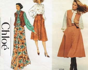 70s Chloe Womens Boho Vest, Artist Blouse and Maxi Skirt Vogue Sewing Pattern 1759 Size 10 Bust 32 1/2 FF