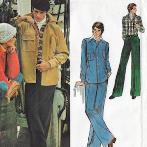 May include: A sewing pattern envelope featuring a tan corduroy jacket, a plaid button-down shirt, a white turtleneck, and dark trousers. The illustration shows a blue long-sleeve shirt with matching trousers and a plaid shirt with green trousers.