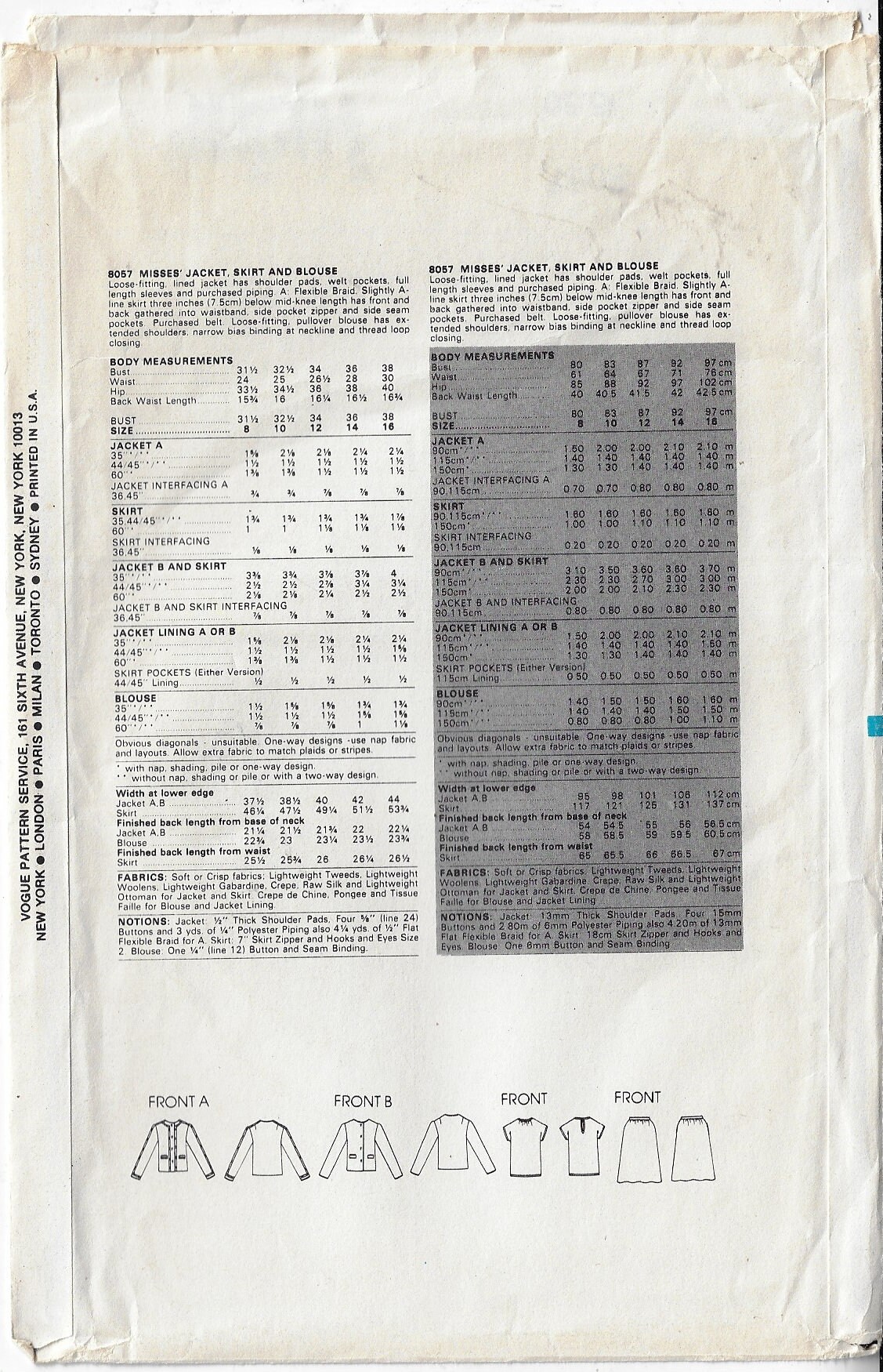 Boxy Jacket Pattern 80s Womens Boxy Jacket, Skirt and Blouse Vogue Sewing Pattern 8057 Size ...