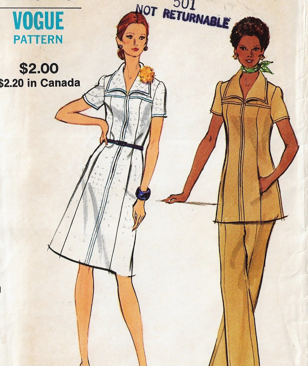 70s Womens Front Zipper Dress or Tunic & Pants Vogue Sewing Pattern ...