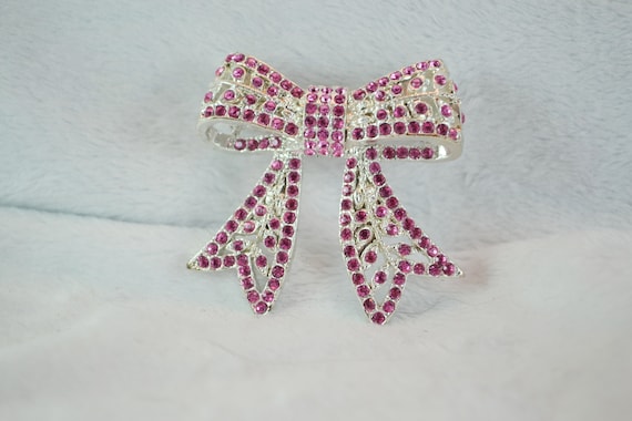 Sparkling Bow Brooch Silver Tone Metal with Pink … - image 2