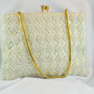 Vintage Goldco White Beaded Handbag Made in Hong Kong Convertible Clutch or Over the Wrist Perfect for Bride or Wedding