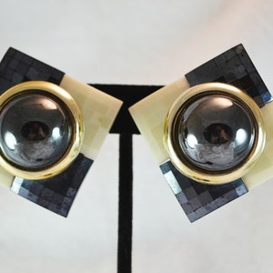 80s Plastic Clip on Earrings Checkerboard Squares of Cream and Black image 7
