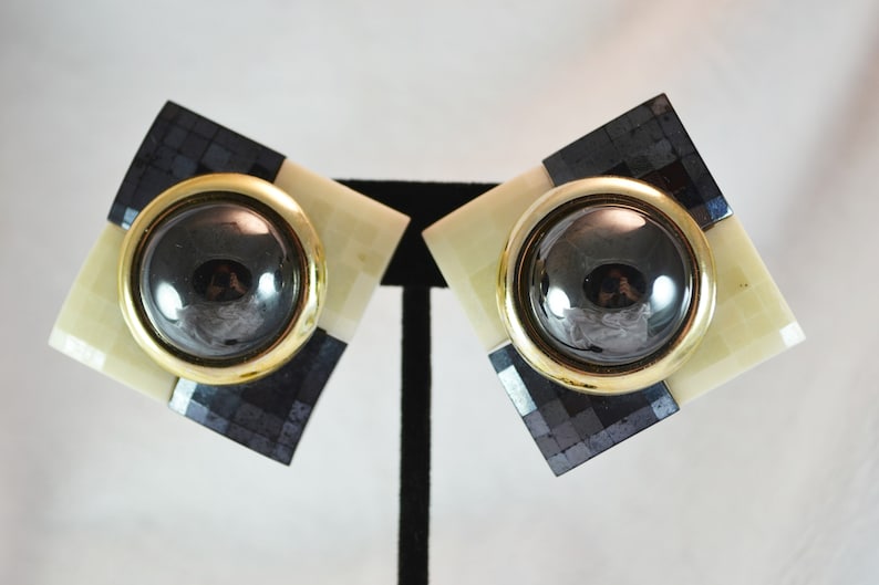 80s Plastic Clip on Earrings Checkerboard Squares of Cream and Black image 7