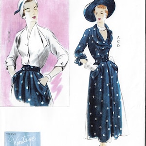 May include: Vintage Vogue fashion illustration featuring two women in stylish outfits. One wears a white blouse and a navy blue polka dot skirt. The other is in a navy blue polka dot dress with a matching hat. The image includes the Vogue Vintage Model logo.