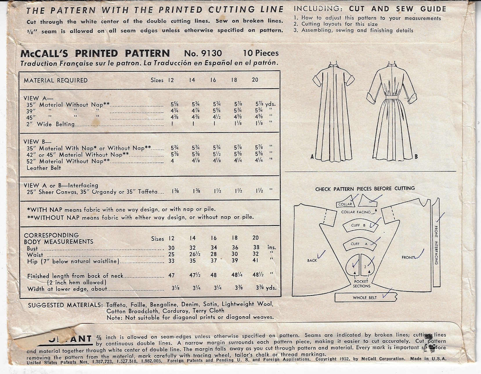 50s Womens Dress, Negligee or Unlined Coat Mccalls Sewing Pattern 9130 ...