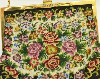 Borsa vintage Petit Point con motivo floreale, realizzata in Danimarca da Bon Gout