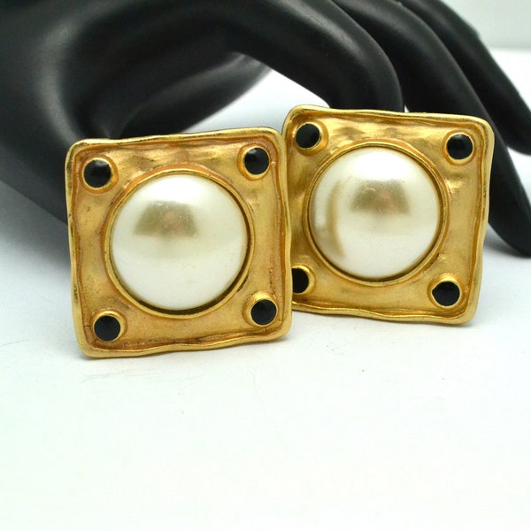 Big Square Moghul Style Clip Earrings Faux Pearl in Gold Tone Metal