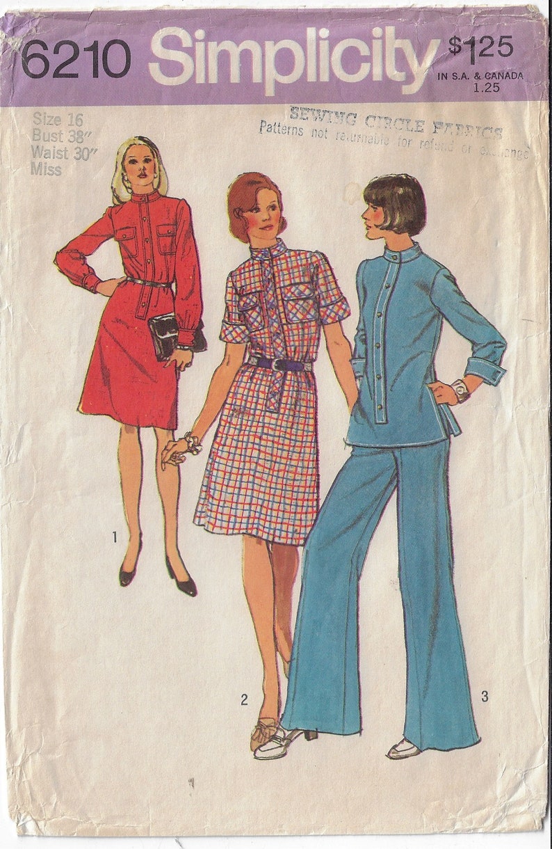 Wide Collar Pattern 1970s Nehru Collar Dress or Tunic & Wide Leg Pants Simplicity Sewing ...