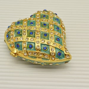 Rhinestone and Enamel on Metal Heart Trinket Box, Pill Box Shades of Blue Heart Enamel