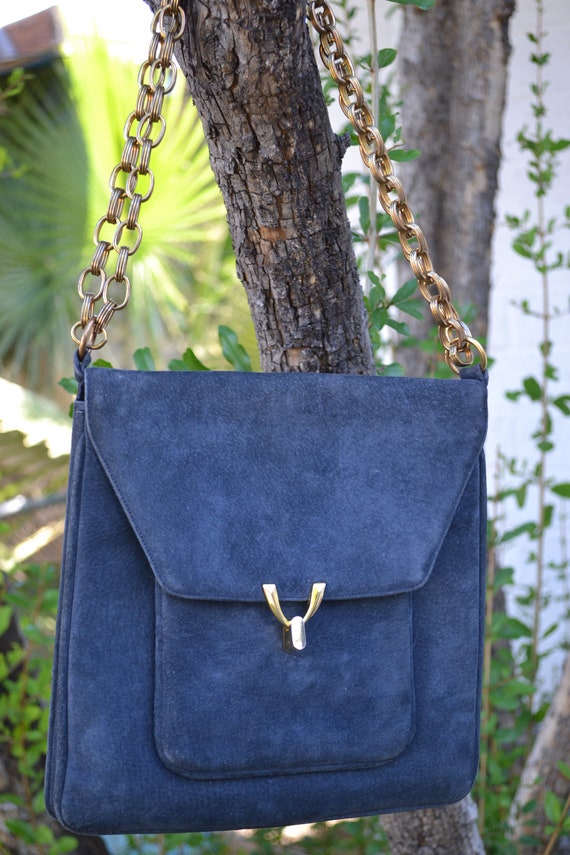 1960s Prestige Shoulder Bag Navy Blue Suede Handbag With Chain | Etsy