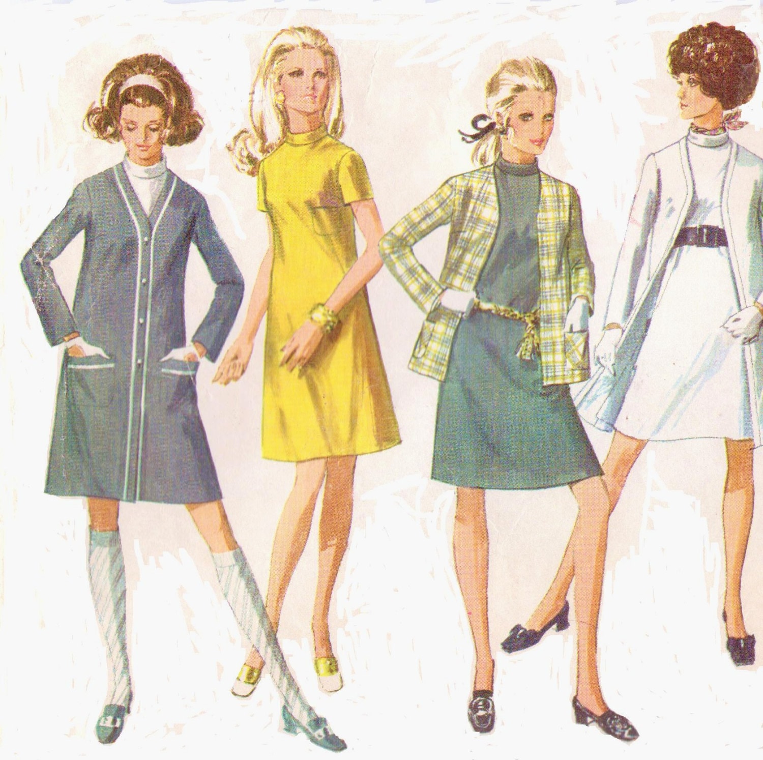 1960s Womens Mod Shift Dress, Cardigan Coat & Cardigan