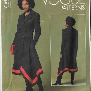May include: Vogue Patterns sewing pattern for a black double-breasted coat with a red and black trim. The pattern number is V1649.