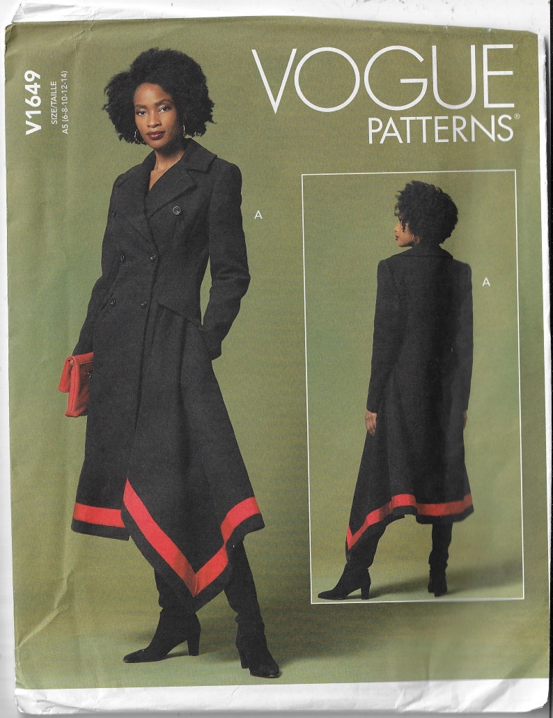 May include: Vogue Patterns sewing pattern for a black double-breasted coat with a red and black trim. The pattern number is V1649.