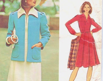 1970s Vogue Sewing Pattern 2830 Valentino Womens Pleated Skirt Dress & Cardigan Style Jacket Size 14 Bust 36 Label Included
