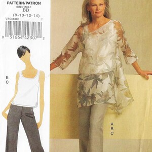 May include: A sewing pattern for a women's top and pants. The pattern is for sizes 8-10-12-14. The top is a sheer, floral print with a scoop neck and 3/4 sleeves. The pants are a solid color and have a straight leg.
