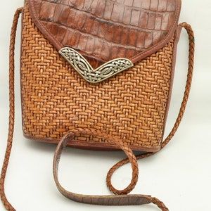 1990s Brighton Leather Shoulder Bag Woven, Smooth & Mock Croc Brown Leather Vintage Gift for Her
