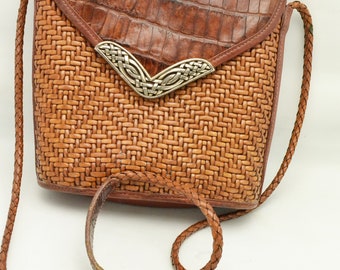 Brighton leren schoudertas jaren 90 geweven, glad en nep krokodillenleer