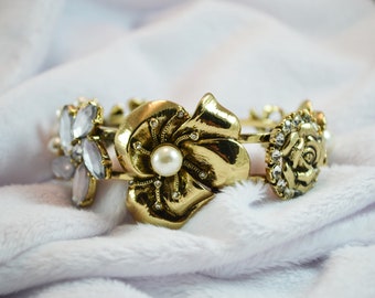 Vintage Clamper Floral Bracelet with Rhinestones & Faux Pearls Gold Tone Metal