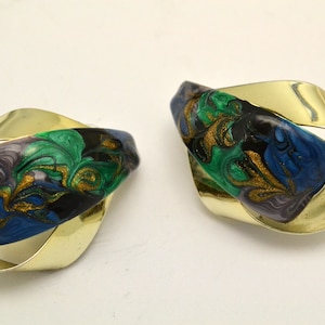 Vintage Large Pierced Earrings Blue, Green & Gold Enamel Over Gold Tone Metal Unique Gift for Her