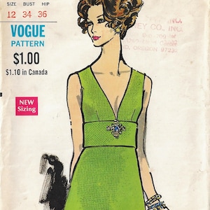 1960s One Piece Dress Deep Plunging V Neckline Vogue Sewing Pattern 7590 Size 12 Bust 34 Perfect Little Black Dress