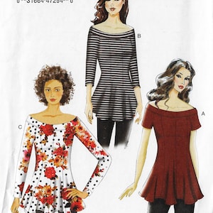 May include: A sewing pattern showing three off-the-shoulder tops. One is plain burgundy, another is striped, and the third is white with red floral and black polka dot patterns. The tops have a flared hemline.