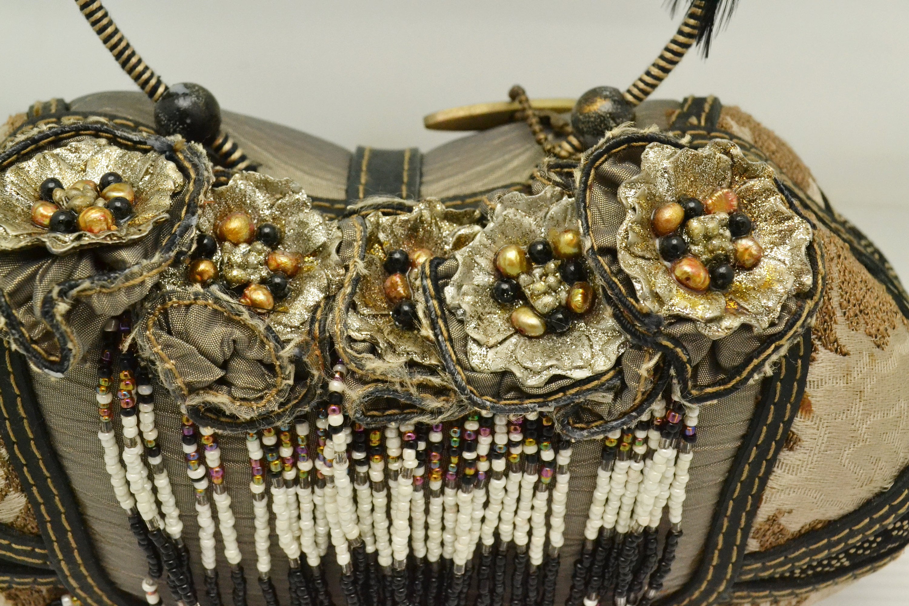Mary Frances Gold and Silver Beaded Accessories Vintage Mary Frances Beaded Fringe Charm Drawstring Pouch  main image 3