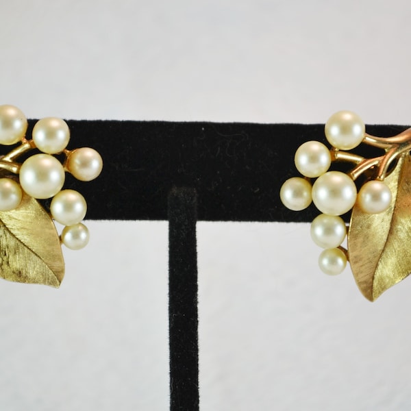 Vintage Crown Trifari Clip On Earrings Faux Pearls and Large Leaf Spray Gold Tone Metal