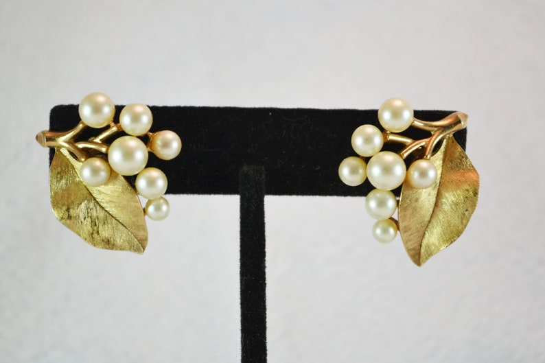 Vintage Crown Trifari Clip On Earrings Faux Pearls and Large Leaf Spray Gold Tone Metal image 1